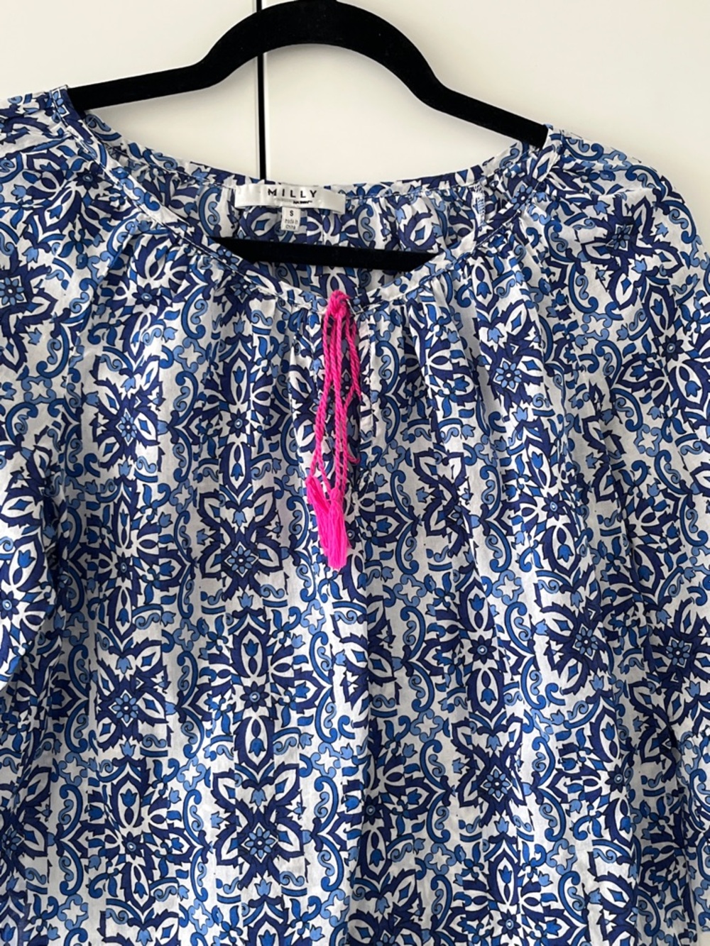 Milly Blue and White Printed Peasant Blouse with Pink Tassel - Picture 5 of 15